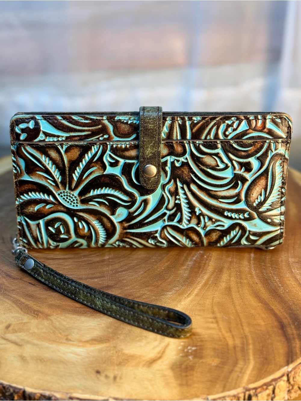 Patricia Nash Tooled Leather Turquoise Floral Wristlet Wallet - Like New